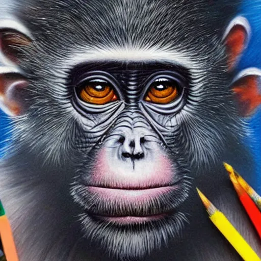 Prompt: a hyper realistic and highly detailed painting of a cybernetic monkey