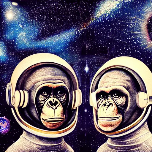 Image similar to double exposure portrait of astronaut and a chimpanzee astronaut with space and time in the the background by davinci, circles, psychedelic, pencil art, high definition, dynamic lighting stars, sharpness, golden ratio