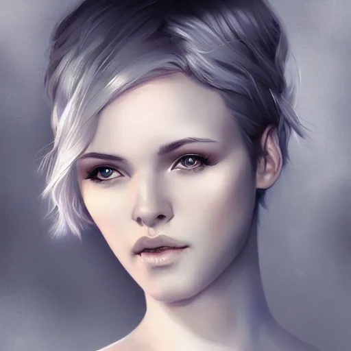 Prompt: portrait of a woman with short white hair, medium shot, illustration, highly detailed, high quality, by charlie bowater