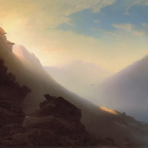 Image similar to a dramatic mountainous landscape matte painting by Ivan Aivazovsky