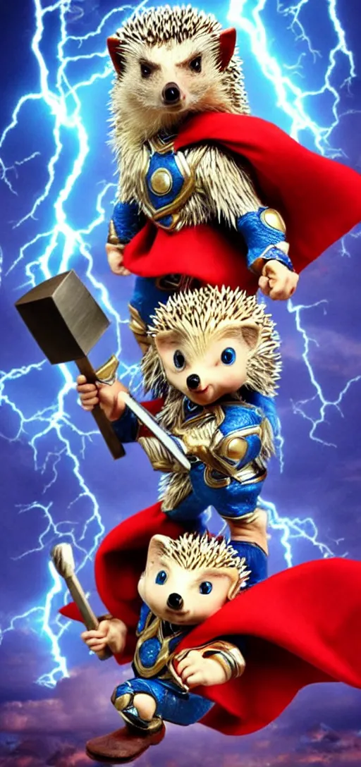 Image similar to the hedgehog thor ~ holding his hammer ~ dramatic thunder background ~ fighting scene ~