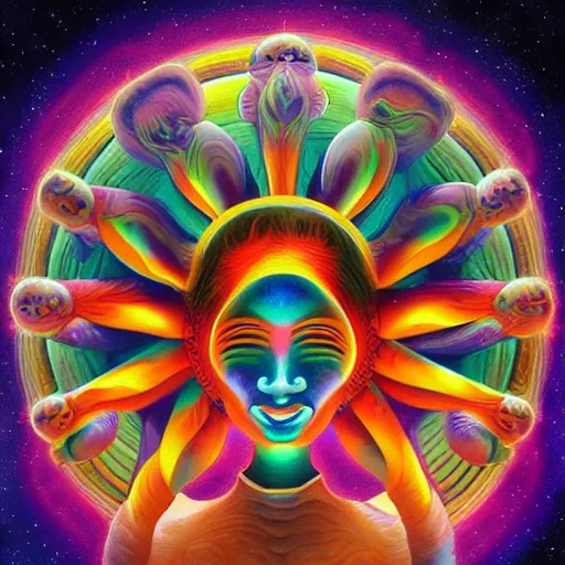 Image similar to psychedelic astronaut attaining enlightenment in the style of octavio ocampo naoto hattori, cg society, trending on artstation, award winning