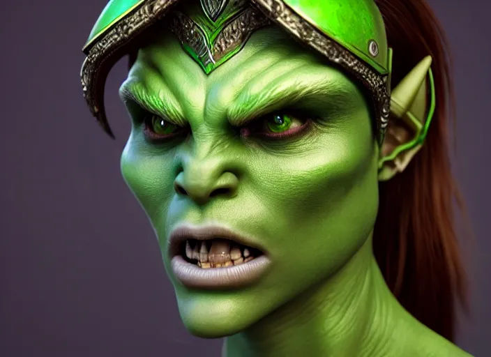 Image similar to green human faced orc female, light green tone beautiful face, plated armor intricate, elegant, highly detailed by ilja repin, octane render, rpg _ portrait