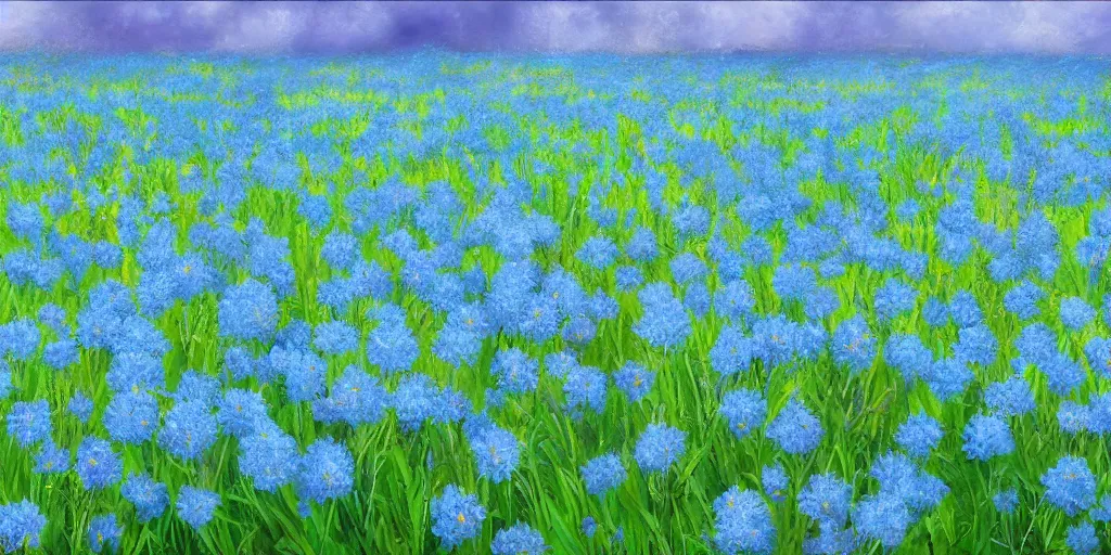 Image similar to field of light blue flowers on a summers day, matte painting