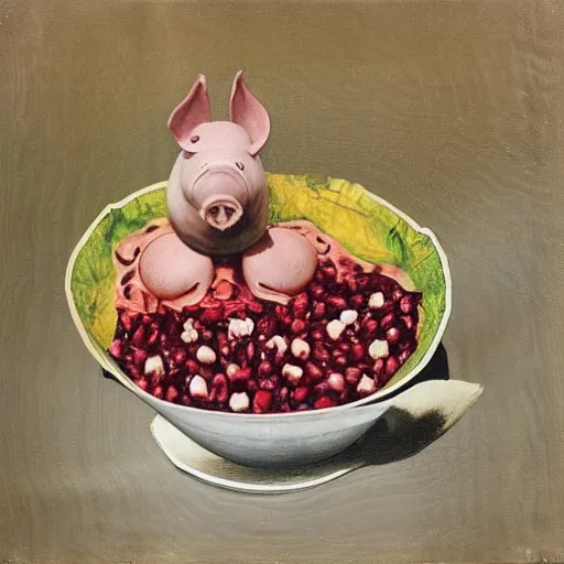 Image similar to “a portrait in an art student’s apartment, a feminine pig’s head in a large salad bowl, pomegranate, pork, ikebana white flowers, white wax, squashed berries, acrylic and spray paint and oilstick on canvas, by munch and Dali”