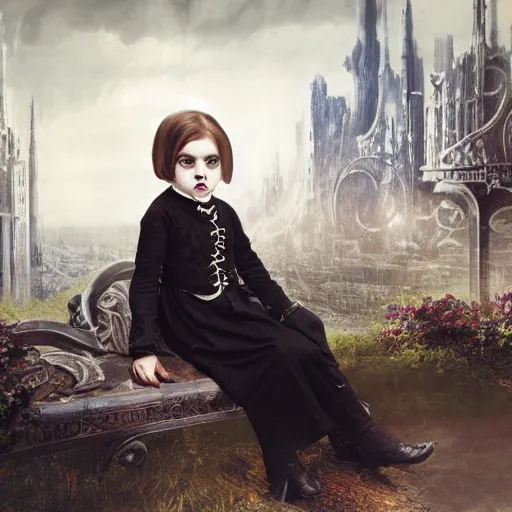 Image similar to a color photo of young sad victorian gothic child with big eyes and wide grin sitting on a sofa of bones surrounded by a cyber futuristic cityscape made of human body parts, ultra detailed, 8 k resolution, beautiful lighting, expansive detailed layered city, landscape, sigma 8 5 mm, award winning photography