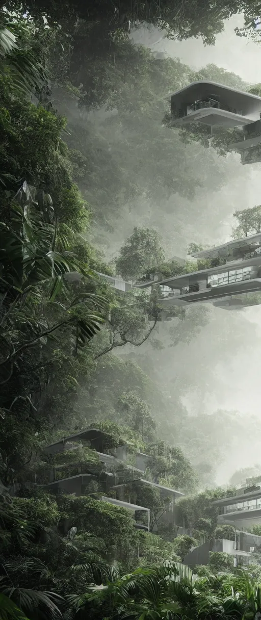 Image similar to architecture inspired by le corbusier in the rainforest. nature is taking over. upside down. metabolism. matte painting. octane render. hdr. volumetric lighting. global illumination. atmospheric. monochrome.