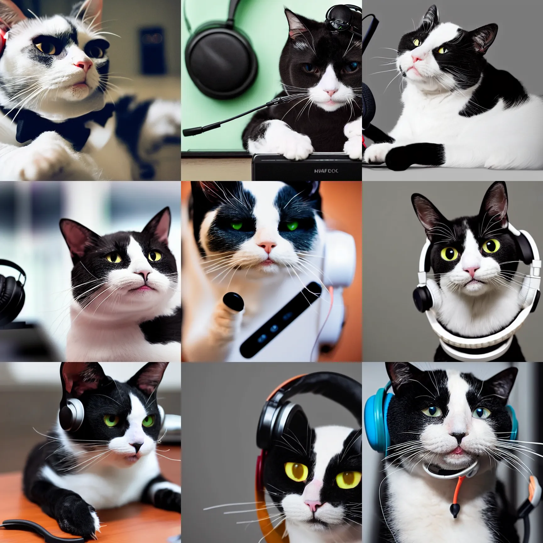 Prompt: a tuxedo cat with a spot on its nose listening to music with headphones on