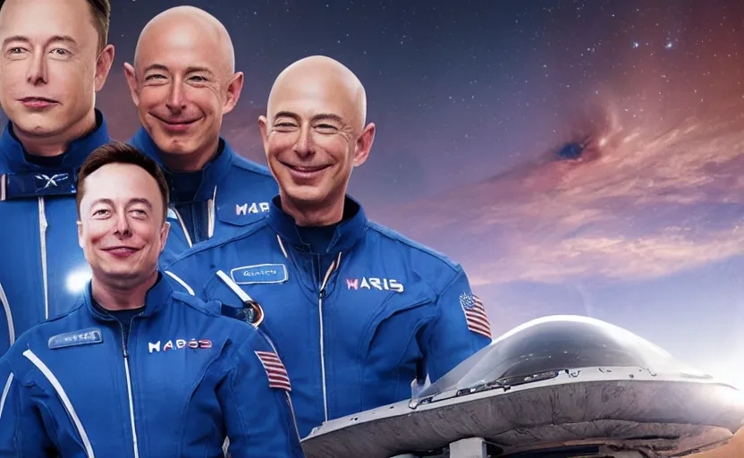 Prompt: mars spacex blue origin movie poster featuring elon musk and jeff bezos, smiling