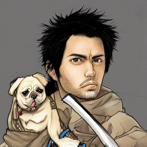 Image similar to self portrait, young white hispanic handsome man with short light brown hair and light skin and a 5 o clock shadow and holding a pug while fighting against 2 swordsmen pencil art, added detail, high definiton, colored, backfacing, illustrated by yoji shinkawa