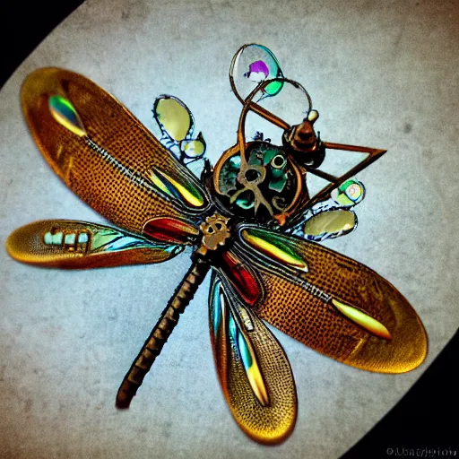 Prompt: steampunk clockwork dragonfly carrying prismatic orbs on it's back