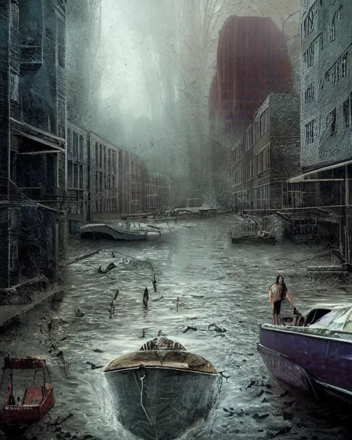 Prompt: concept illustration from the'0 0 s supernatural thriller'old as the water ', a high quality high detail digital matte painting by david mattingly and samuel araya and tony diterlizzi and michael whelan, hd 4 k 8 k, realistic hyperdetailed scene painting, photorealistic lighting, urban horror aesthetic, composition and scene layout inspired by gregory crewdson and brendon burton.