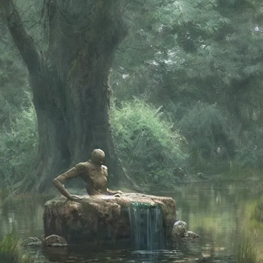 Prompt: ancient stone golem resting beside a pond inside a forest, statue, oil painting, by Greg Rutkowski