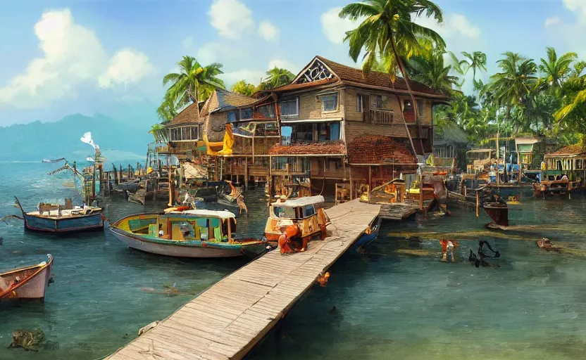 Image similar to a little fisher village on a tropical island, wood pier and houses, nets and boats, house made with boat parts, scenic view, bright day, matte painting by marc simonetti and rhads and donato giancola, trending on artstation