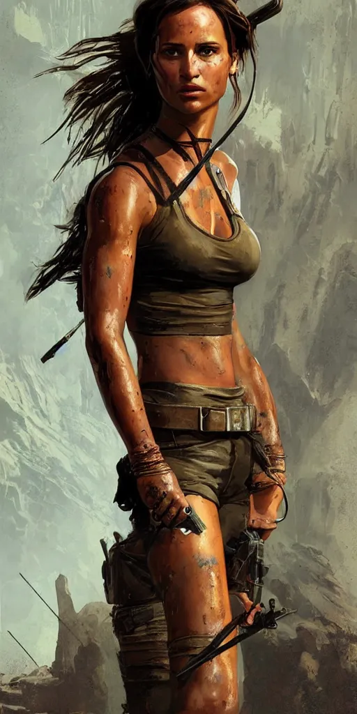 Image similar to Alicia Vikander as Lara Croft (tomb raider, 1996), full body portrait by Karol Bak, Syd Mead and Raphael Lacoste, rich colors, digital art