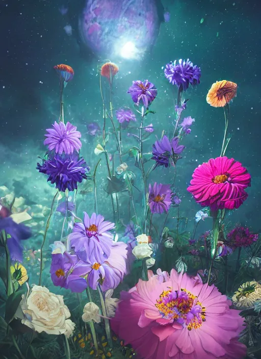 Image similar to An epic fantastic realism comic book style painting of the most beautiful flowers launched across the dark and starry cosmos, bouquets, fisheye lens, unreal 5, DAZ, hyperrealistic, octane render, dynamic lighting