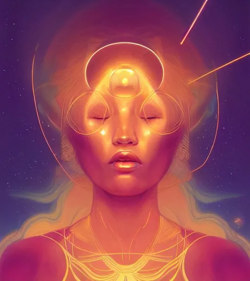 Image similar to a golden woman 2/3 figurative portrait, in space, head breaking apart and spiraling geometry into the sky upwards into another dimension, lazer light beaming down to top of her head, by james jean, artgerm, featured in artstation, elegant, Moebius, Greg rutkowski, anime