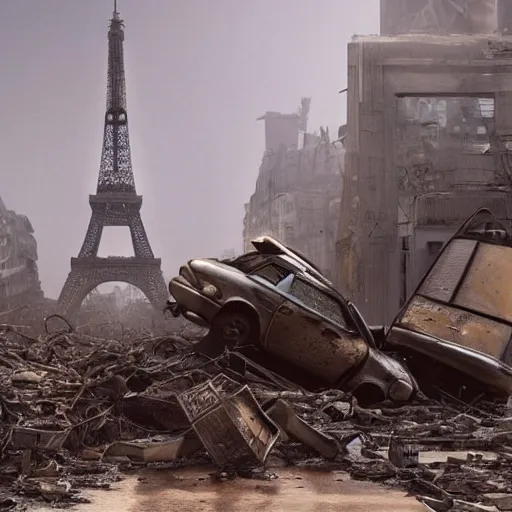 Image similar to A beautiful intricate 8K award-winning ground-level cinematic movie photograph of the future rusting rubble of the fallen and decimated Eiffel Tower, lying in pieces on the ground, surrounded by neon and collapsing corporate video billboard displays. in the year 2050, by Bruno Delbonnel and greg rutkowski. octane render, Arri Alexa 65. Cinematic lighting