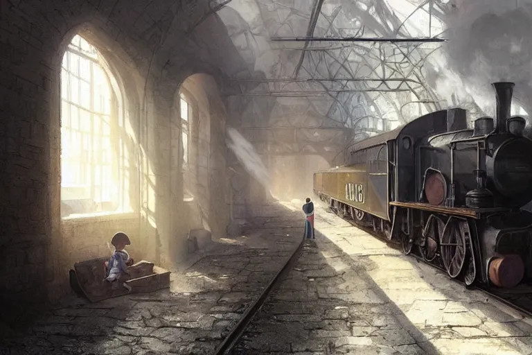 Prompt: deserted subway, sun light streaming in from top windows, one person with a small child and a suitcase stands looking at the steam train, smoke coming from train chimney highly detailed, digital painting, artstation, concept art, smooth, sharp focus, illustration, art by greg rutkowski