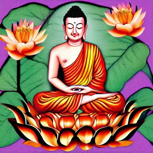 Prompt: Buddha painting, digital art, with lotus flower
