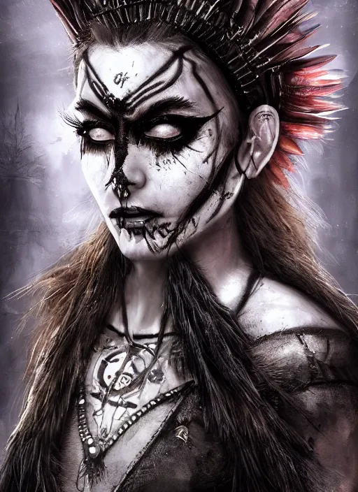 Image similar to digital art of a young woman in dark shamanistic ritual clothing accented by black feathers, dark ravenlike makeup on her face, post apocalyptic, dystopian, high resolution, highly detailed, fallout, raider, 4 k, artstation, dark lighting