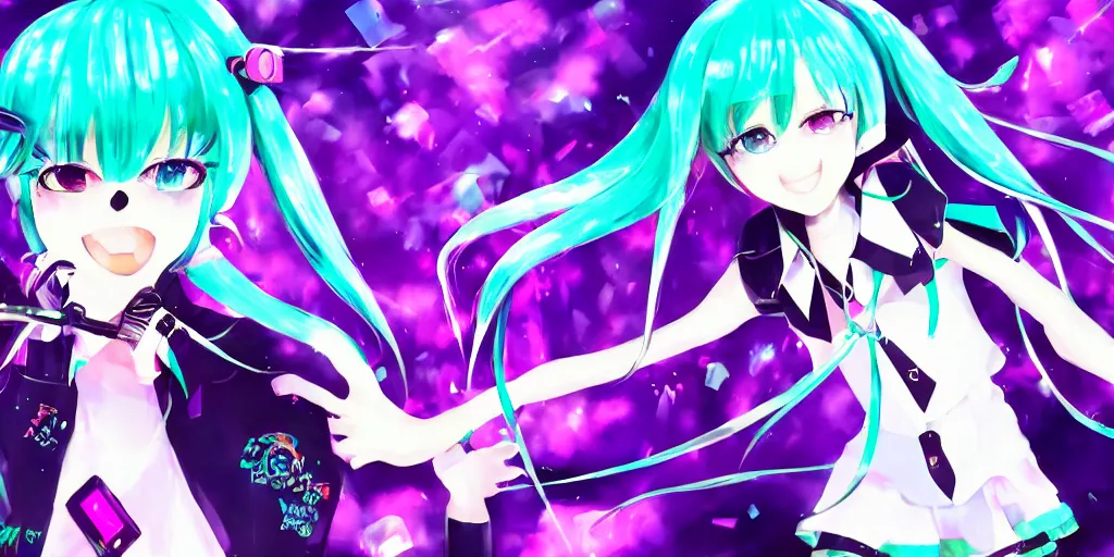 Image similar to hatsune miku preforming on stage , digital art, art station, trending on art station, anime, colorful art