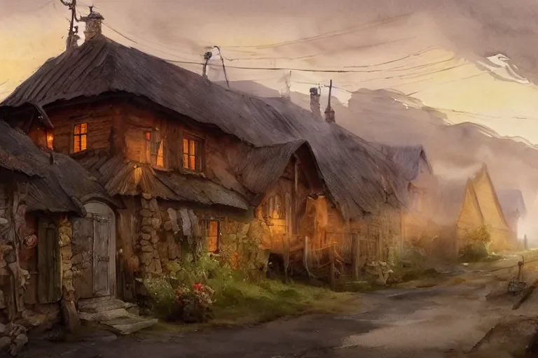 Prompt: watercolor painting of rustic village street, straw roof, scandinavian mythology, ambient lighting and shadows, fog, art by hans dahl, by jesper ejsing, art by anders zorn, wonderful masterpiece by greg rutkowski, cinematic light, american romanticism by greg manchess, creation by tyler edlin