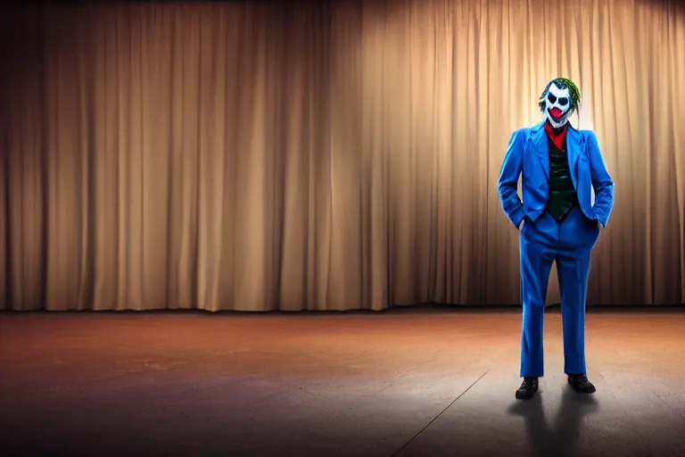 Prompt: the Joker standing on the stage of a disheveled movie theater, the stage light is directed at him, blue worn down curtains are behind him, realistic lighting, post processed lighting, 4k professional photography, wide angle lens