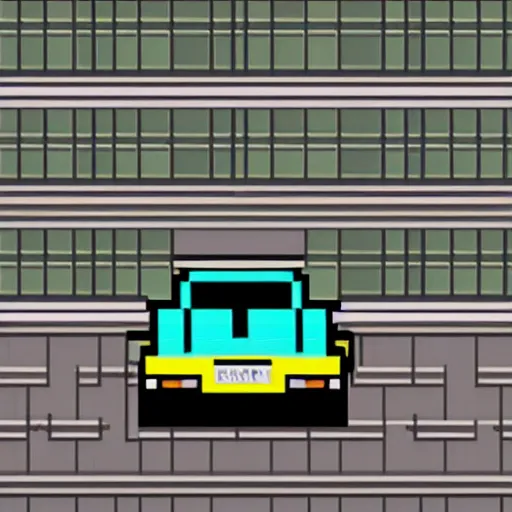 Image similar to a beautiful pixelart of a car parked in a street of Tokyo, upside shot