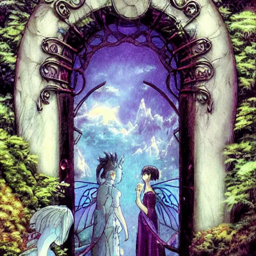 Prompt: gate portal with another world visible inside style studio ghibli and Gerald Brom, faeries flyng, dreamy, mystical, dark
