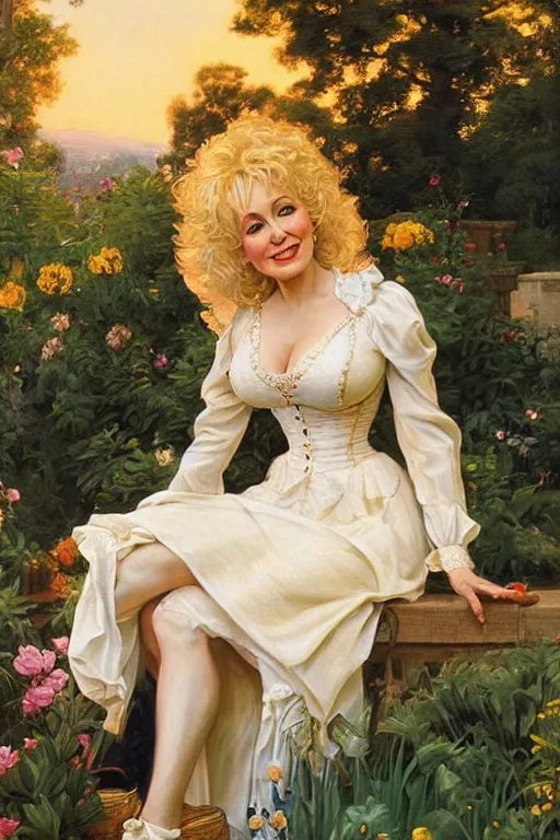 Image similar to Dolly Parton, golden hour, in a garden by a pool, artstation, by J. C. Leyendecker and Peter Paul Rubens,