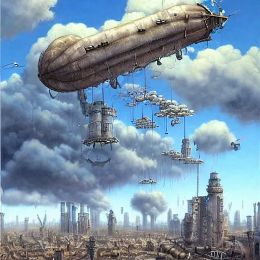 Prompt: a hyperrealistic painting of a steampunk city, airships, towering buildings, blue skies, fluffy clouds, by john kenn mortensen, highly detailed,