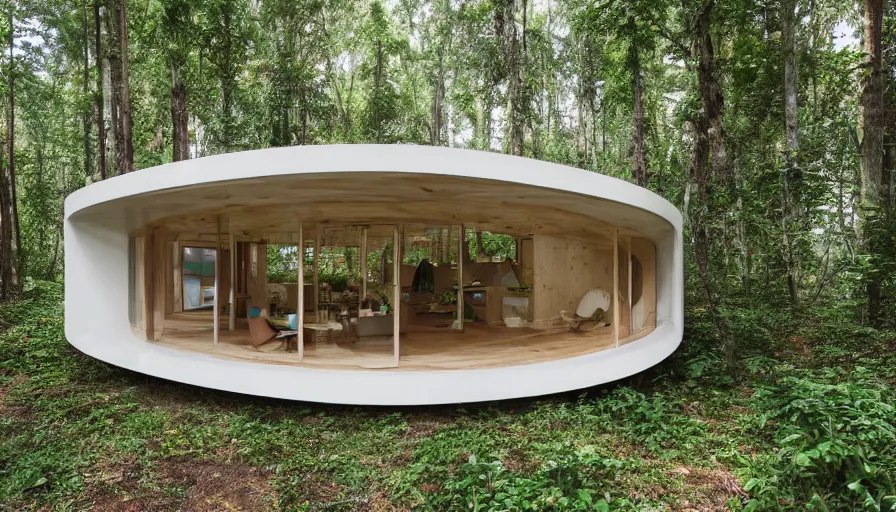 Prompt: A wide image of an eco-community of innovative contemporary 3D printed prefab sea ranch style cabin with rounded corners and angles, beveled edges, made of cement and concrete, organic architecture, in a lush green forest Designed by Gucci, Balenciaga, and Wes Anderson, golden hour