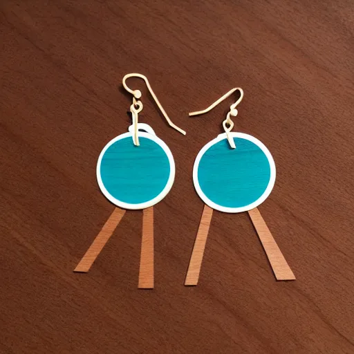 Prompt: lasercut segmented 2d wood earrings, graphic designs from Memphis School of Design