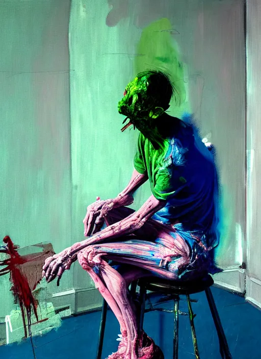 Image similar to an insane, skinny, artist wearing dirty, torn overalls, expressive painting the walls inside a grand messy studio, depth of field, hauntingly surreal, highly detailed painting by francis bacon, edward hopper, adrian ghenie, glenn brown, soft light 4 k in pink, green and blue colour palette, cinematic composition,