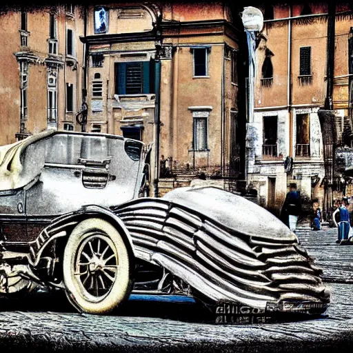 Image similar to a 1 9 th century car part in the middle of a street in rome all the people there as surprised and looking at the car great photography digital art