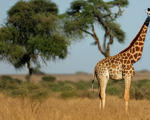 Image similar to a full picture of a whole one giraffe with a short neck in savana