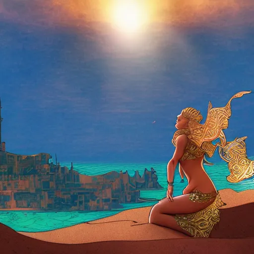Prompt: establishing shot of atlantis, buildings made of shells with arabic patterns, modern mermaid standing on top of the hill against the morning sun, cinematic composition, mucha, artstation