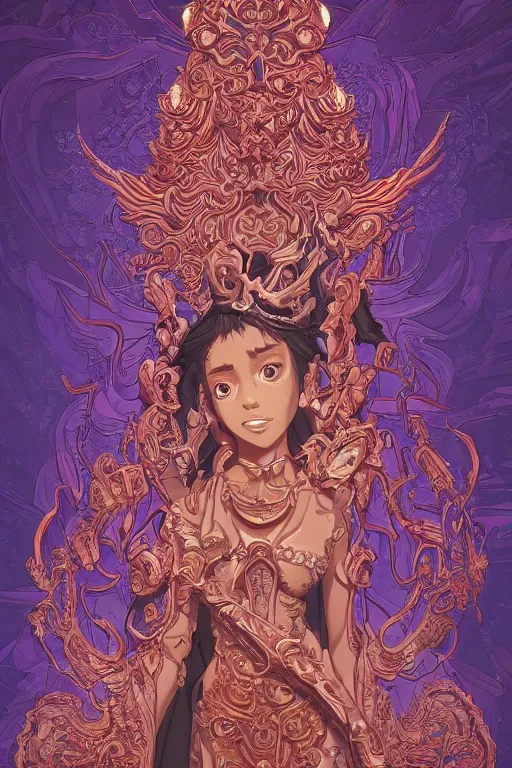 Prompt: skin made of ornate portrait of a wrathful diety teen Jessica Alba, ornate skin, ancient relief carving background, incredible, anime, Digital 2D, animated by Kyoto Animation, Studio Ghibli, Miyazaki, AKIRA art style, by Laurie Greasley, beautiful, gorgeous, dramatic lighting, rule of thirds, perfect composition, trending on ArtStation, 4k, cropped