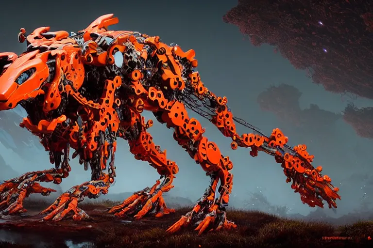 Prompt: a hyper detailed orange fanghorn evangelion realistic mechanical and organic creature similar look as horizon forbidden west horizon zero dawn, bioluminiscence in a dark deep forest at dawn in spring, with reflection and textures, by kilian eng, substance painter reaslitic mech surface metal painted scratches,