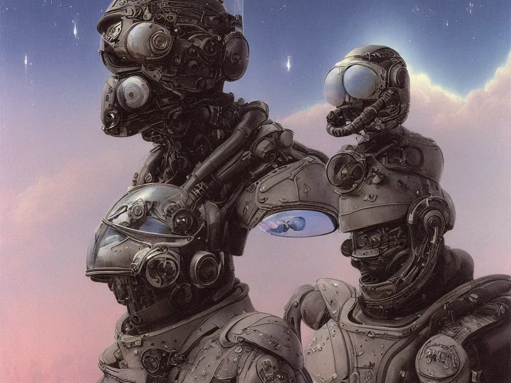 Image similar to a detailed portrait painting of a science fiction pilot in combat armour and visor. Smoke. cinematic sci-fi poster. Cloth and metal. Flight suit, accurate anatomy portrait symmetrical. science fiction theme with lightning, aurora lighting clouds and stars. Futurism by beksinski carl spitzweg moebius and tuomas korpi. baroque elements. baroque element. intricate artwork by caravaggio. Oil painting. Trending on artstation. 8k