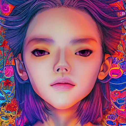 Prompt: the face of an unbelievably beautiful and pretty japanese girl partially made of onion rings of all colors looking down, an ultrafine detailed illustration by james jean, final fantasy, intricate linework, bright colors, behance contest winner, vanitas, angular, altermodern, unreal engine 5 highly rendered, global illumination, radiant light, detailed and intricate environment