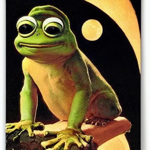 Image similar to pepe the frog gazing at the moon by norman rockwell