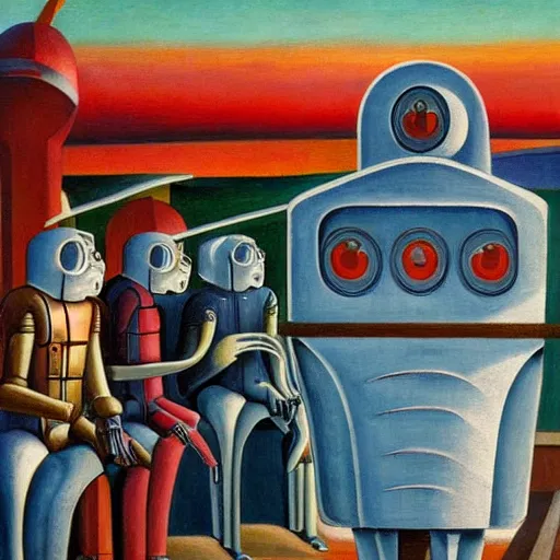 Image similar to robot bishop guards, human prisoners, art deco steamliner prison barge, end times, grant wood, pj crook, edward hopper, oil on canvas