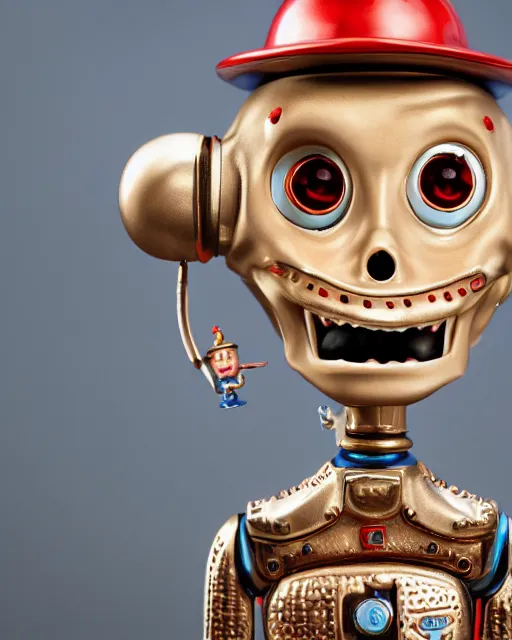 Image similar to highly detailed closeup, face profile portrait of a tin toy mars attacks, depth of field, fashion photoshoot by nicoletta ceccoli, mark ryden, lostfish, dan decarlo, bob clampett, max fleischer, breathtaking, detailed and intricate environment, 8 k resolution, hyperrealistic, octane render