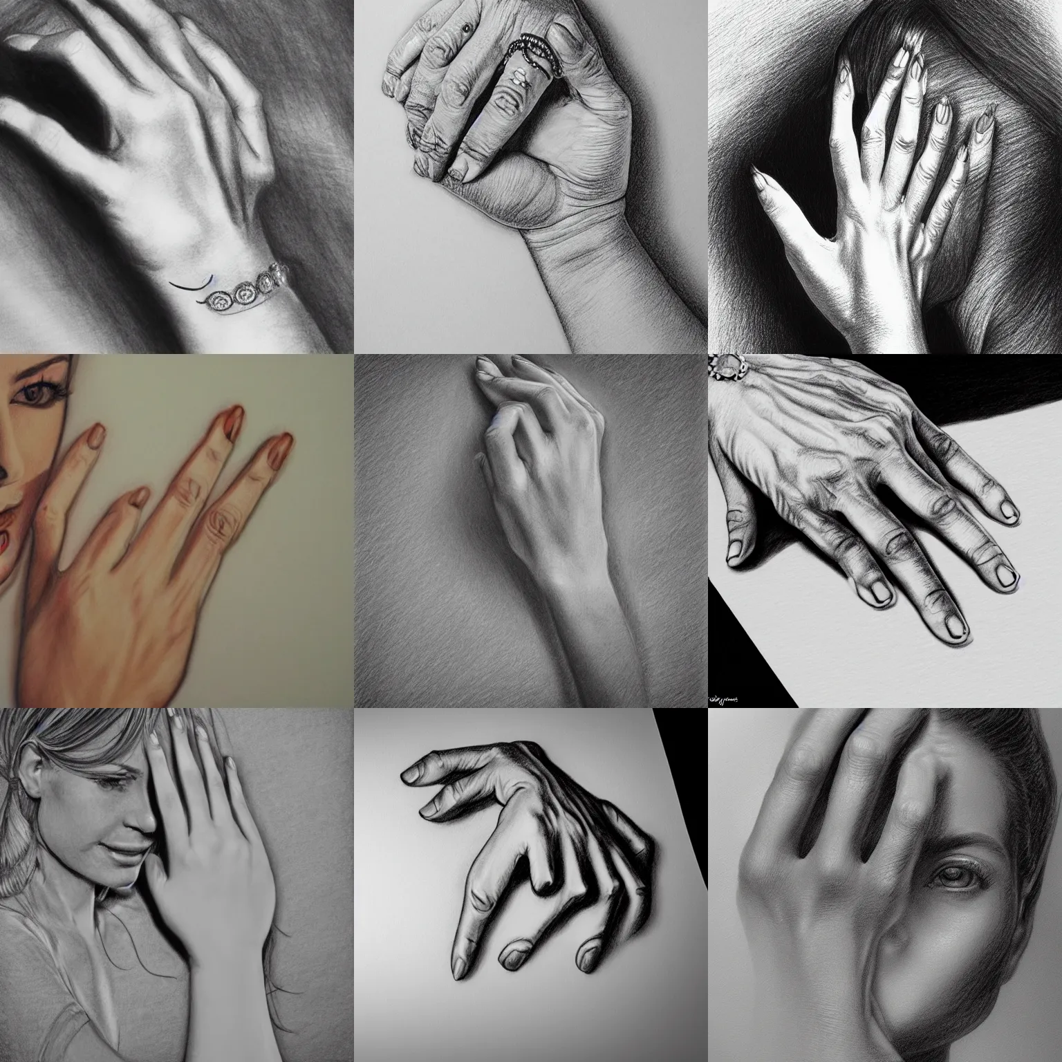 Prompt: intricate portrait-style drawing of a woman's hand, zoom, high detail, photorealistic