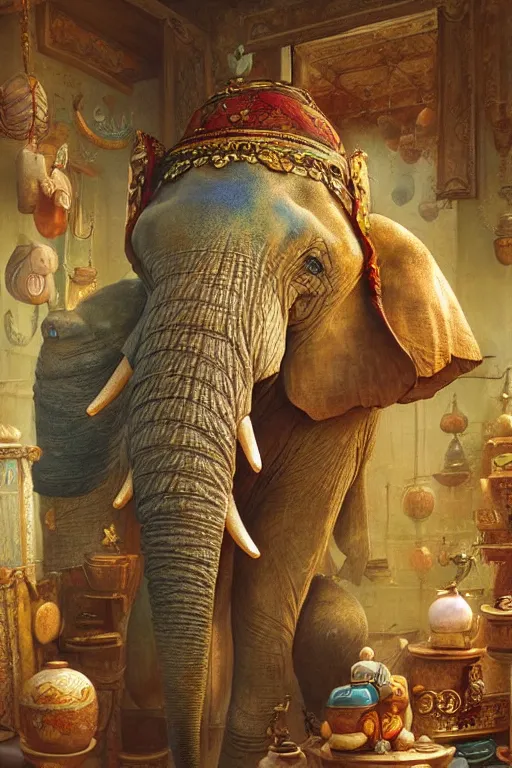 Image similar to one elephant in a porcelain shop, cgsociety, oil painting by justin gerard