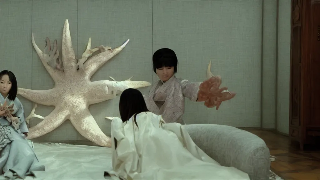 Prompt: shadow of a giant starfish - monster behind a woman in hanbok sitting on a couch, traditional korean interior, kaiju - eiga monster movie by denis villeneuve, cinematography by akira kurosawa and ishiro honda