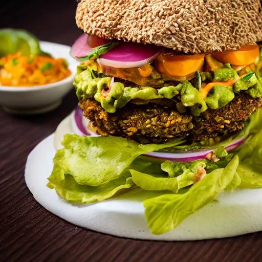 Image similar to vegan hamburger guacamole and crispy fried onion and fried egg toppings, crispy buns, 8 k resolution, professional food photography, studio lighting, sharp focus, hyper - detailed