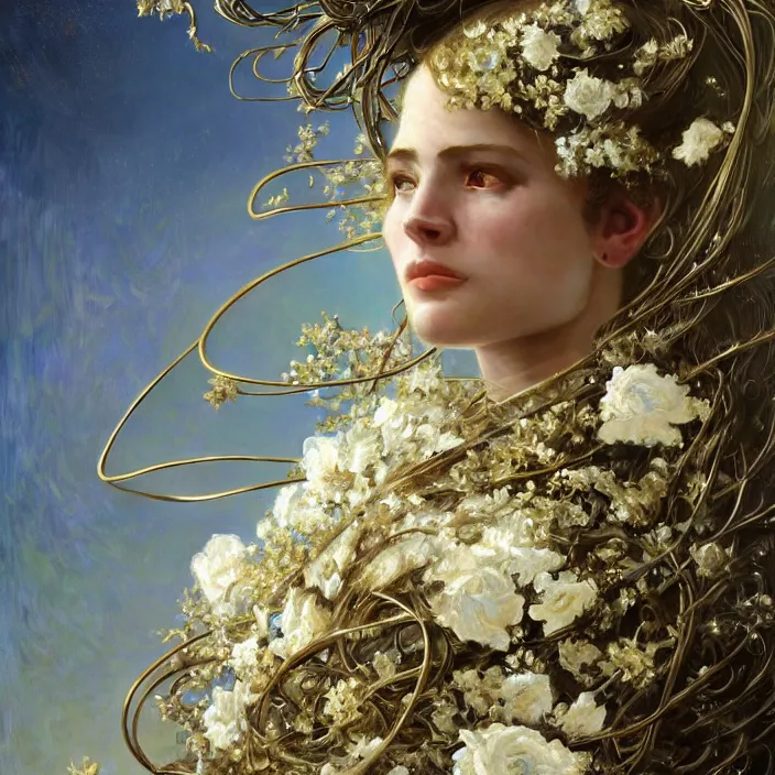 Prompt: hyperrealist portrait of a 2 0 4 4 space sport goat, it is decorated with long gold wires and white flowers that fall like vines and wears a huge computer crown. by jeremy mann and alphonse mucha, fantasy art, photo realistic, dynamic lighting, artstation, poster, volumetric lighting, dramatic light, very detailed faces, 8 k, award winning